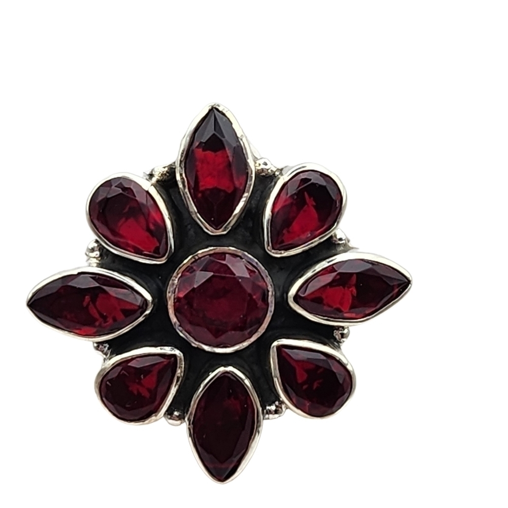 Woman's Ring Flower Sterling and Red Glass 7.75